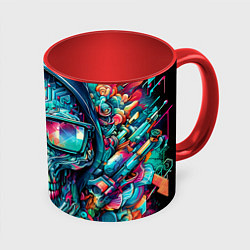 Кружка 3D Кибер череп в балахоне и очках - нейроарт фантазия, цвет: 3D-белый + красный