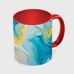 Кружка 3D Масляные краски, брызги, желтые белые синие цвета, цвет: 3D-белый + красный
