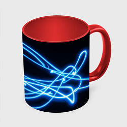 Кружка 3D Неоновые голубые волны на черном фоне, цвет: 3D-белый + красный