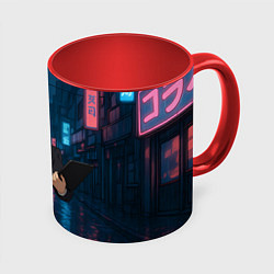 Кружка 3D Dandadan Seiko в городе с планшетом, цвет: 3D-белый + красный