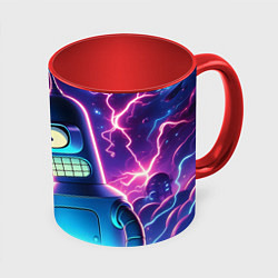 Кружка 3D Bender in neon space - cartoon Futurama, цвет: 3D-белый + красный