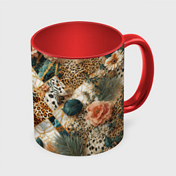 Кружка цветная Цветы на кусках мрамора и леопардовом узоре