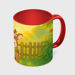 Кружка 3D Милый олененок на зеленом дворе, цвет: 3D-белый + красный