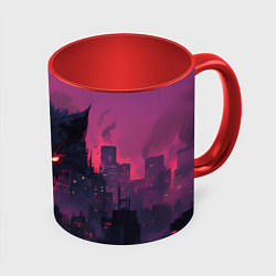 Кружка 3D Кибер-лиса смотрит за городом, цвет: 3D-белый + красный