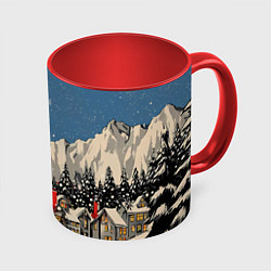 Кружка 3D Небольшой новогодний город в горах, цвет: 3D-белый + красный
