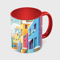 Кружка 3D Разноцветный новогодний дворик, цвет: 3D-белый + красный