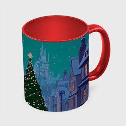 Кружка 3D Зеленая новогодняя елка во вдоре, цвет: 3D-белый + красный