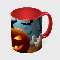 Кружка 3D Хэллоуинский лес с тыквой, цвет: 3D-белый + красный