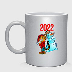 Кружка керамическая Тигр и снеговик 2022, цвет: серебряный