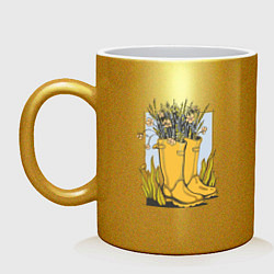 Кружка керамическая Цветы в резиновых сапогах Дачная эстетика, цвет: золотой