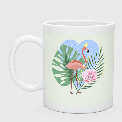 Кружка Розовый фламинго на фоне пальмовых листьев и сердц / Фосфор – фото 1