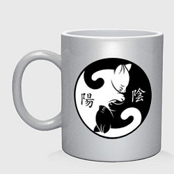 Кружка керамическая Инь-Янь коты с иероглифами, цвет: серебряный