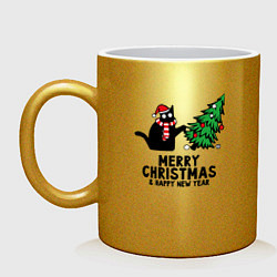 Кружка керамическая Кот роняет новогоднюю ёлку, цвет: золотой