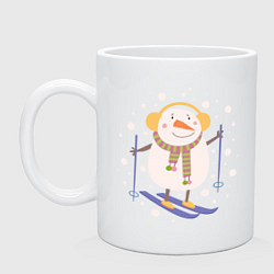 Кружка керамическая Снеговик лыжник, цвет: белый