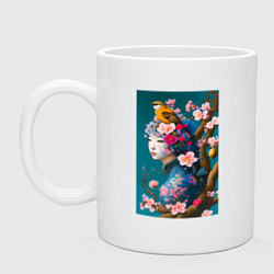 Кружка керамическая Девушка с птицей на фоне цветущей сакуры, цвет: белый