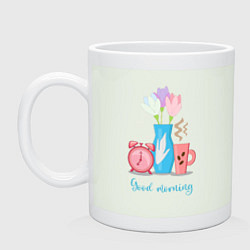 Кружка керамическая Цветы, будильник и кофе - доброе утро, цвет: фосфор