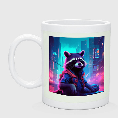 Кружка Антропоморфный енот на фоне неонового киберпанк-го / Фосфор – фото 1