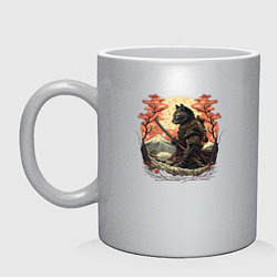 Кружка керамическая Японский самурайский кот, цвет: серебряный