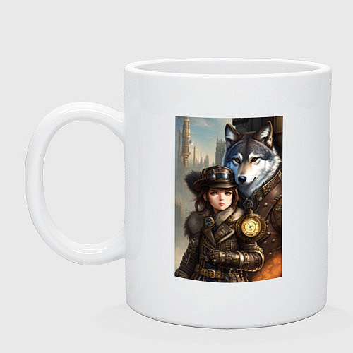 Кружка Крутая девчонка под защитой волка - стимпанк - ней / Белый – фото 1