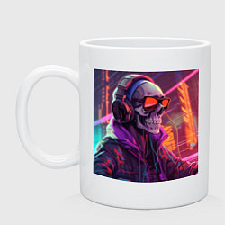 Кружка керамическая Скелет в куртке в лучах неонового света, цвет: белый