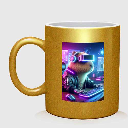 Кружка Капибара игроман - неоновое свечение / Золотой – фото 1