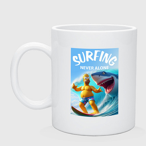 Кружка Homer Simpson and shark - surfing never alone / Белый – фото 1
