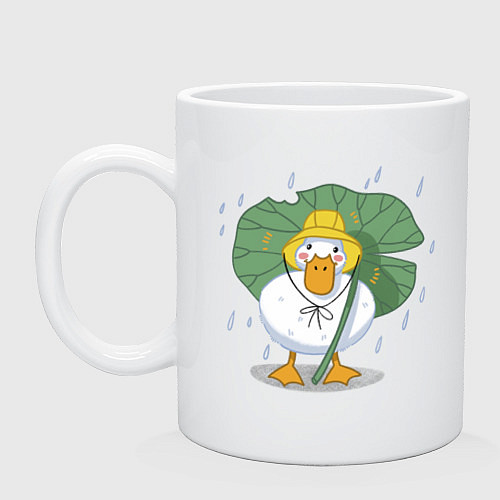 Кружка Милая уточка гусь под листом в шляпке в дождь / Белый – фото 1