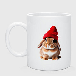Кружка керамическая Кролик в красной шапке, цвет: белый