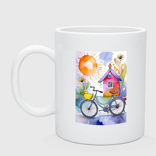 Кружка Утенок на велосипеде - акварель / Белый – фото 1