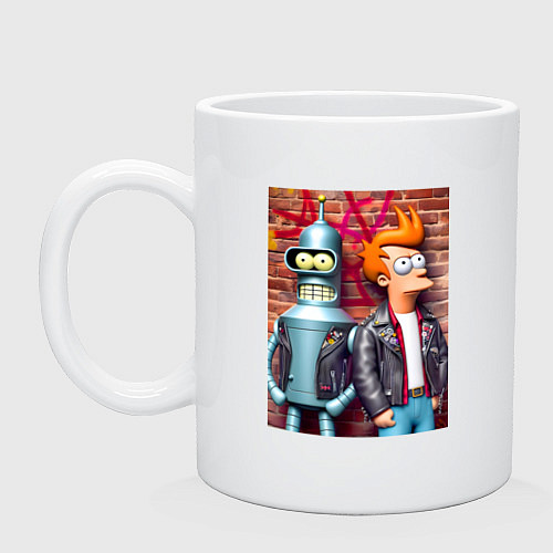 Кружка Фрай и робот-сгибальщик Бендер у кирпичной стены / Белый – фото 1
