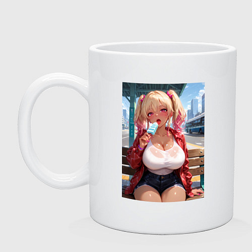 Кружка Симпотная девушка-гяру с мороженным - аниме / Белый – фото 1