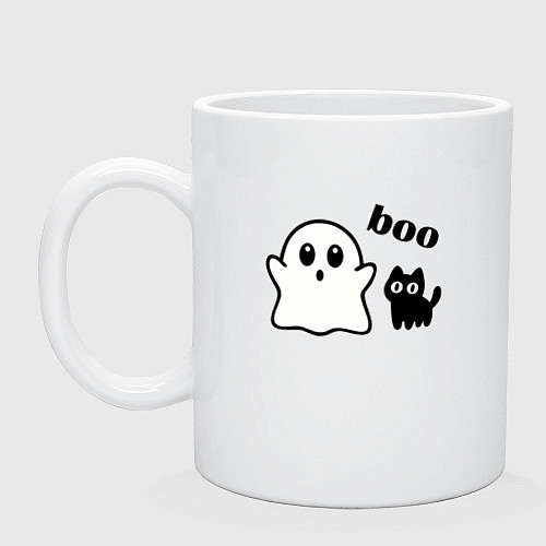 Кружка Хэллоуин, привидение и черный кот / Белый – фото 1