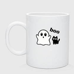 Кружка керамическая Хэллоуин, привидение и черный кот, цвет: белый