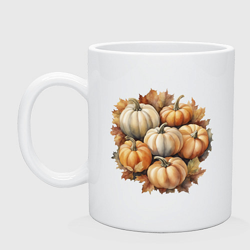 Кружка Тыквы разные на осенних листьях акварель / Белый – фото 1