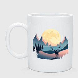 Кружка керамическая Горы, луна и олень, зимний пейзаж, цвет: белый