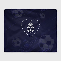 Плед флисовый Лого Real Madrid в сердечке на фоне мячей, цвет: 3D-велсофт