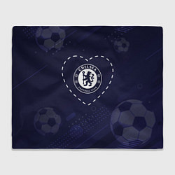 Плед флисовый Лого Chelsea в сердечке на фоне мячей, цвет: 3D-велсофт