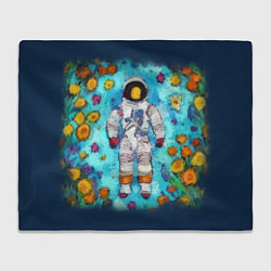 Плед флисовый Космонавт в реке и желтые цветы, цвет: 3D-велсофт