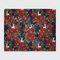 Плед флисовый Новый год 2023 красные цветы и олени, цвет: 3D-велсофт