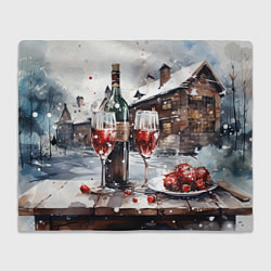 Плед флисовый Новогодние напитки на фоне зимнего пейзажа, цвет: 3D-велсофт