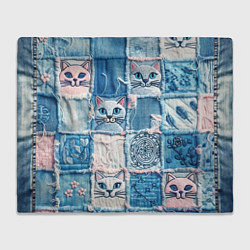 Плед флисовый Кошки на пэчворк джинсах паттерн, цвет: 3D-велсофт