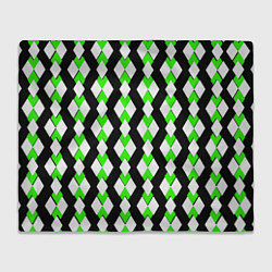 Плед флисовый Зелёные и белые ромбы на чёрном фоне, цвет: 3D-велсофт
