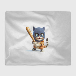 Плед флисовый Прикольный котёнок с бейсбольной битой и в балакла, цвет: 3D-велсофт