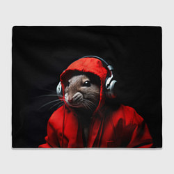 Плед флисовый Крыса диджей в наушниках и капюшоне, цвет: 3D-велсофт