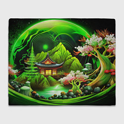 Плед флисовый Природа Японии в зеленых цветах, цвет: 3D-велсофт