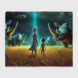 Плед флисовый Морти и Рик на планете носорогов - неоновое свечен, цвет: 3D-велсофт