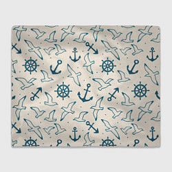 Плед флисовый Морской паттерн из штурвалов, чаек и якорей, цвет: 3D-велсофт