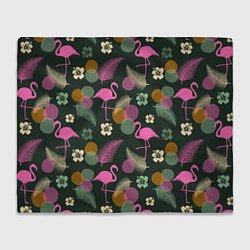 Плед флисовый Фламинго и листья на темно-зеленом, цвет: 3D-велсофт