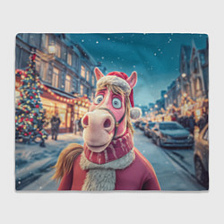 Плед флисовый Лошадь на фоне новогодней улицы, цвет: 3D-велсофт