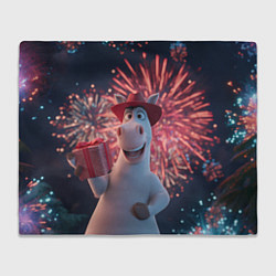 Плед флисовый Лошадь с подарком на фоне салюта, цвет: 3D-велсофт